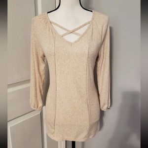 Westbound Ivory V-Neck Long Sleeve Balloon Stretch Striped NWT Blouse Small